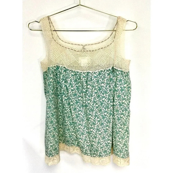 Frippery Women's Blue Green Crochet Floral Lace Trim Sleeveless Top Size Medium - Picture 2 of 12